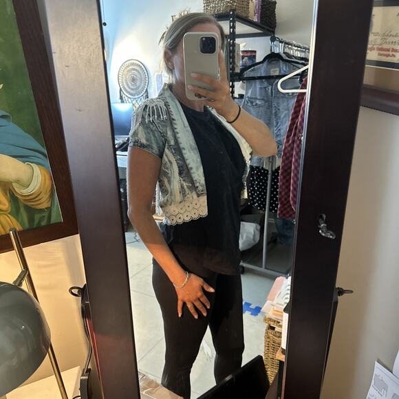 YMI Beaded Pearl Painted Denim Jacket Coquette Western Glam Festival Size S USA - Picture 12 of 13